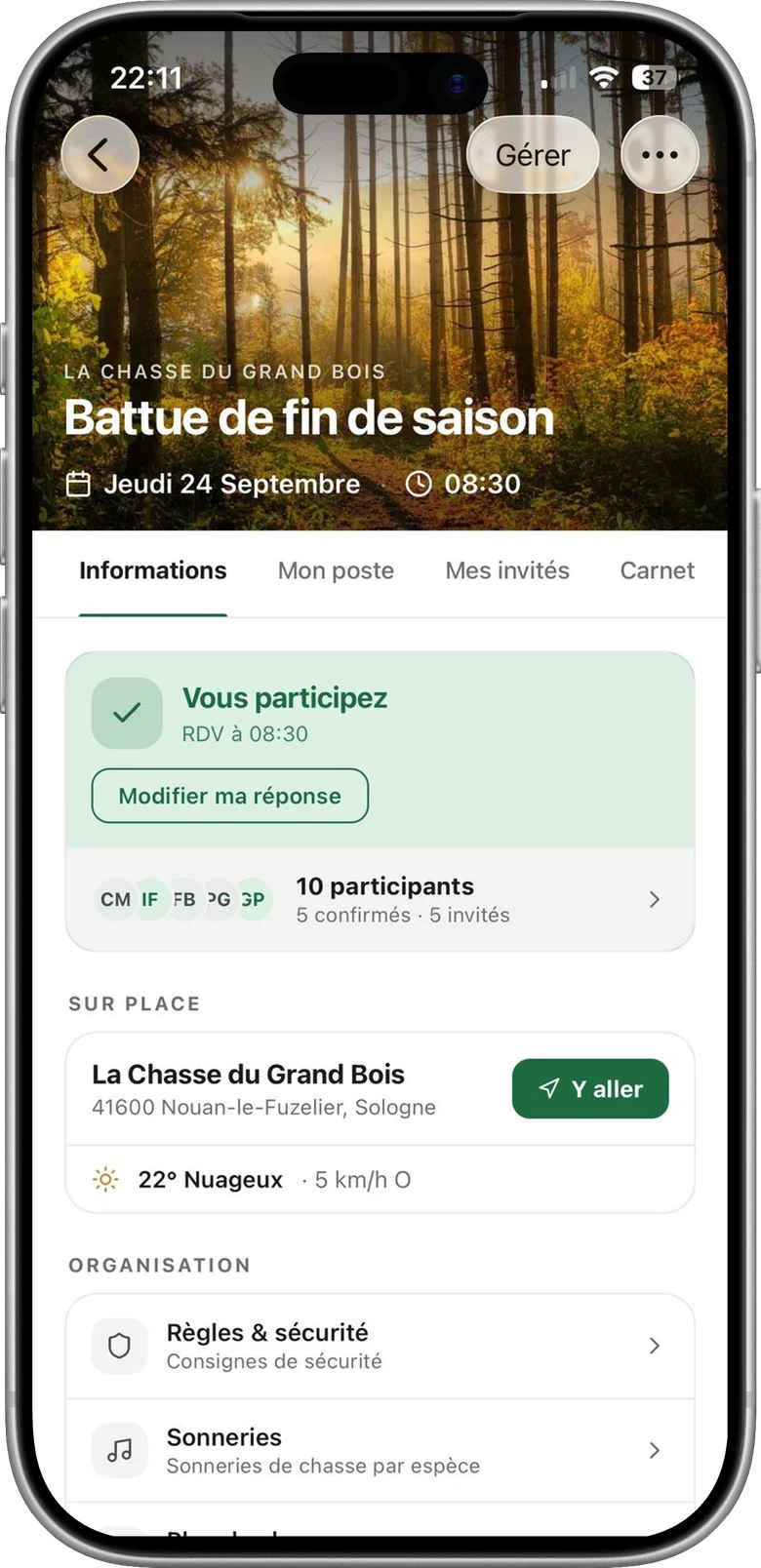 Application Mes Chasses : fiche d'une battue avec la date, le lieu de rendez-vous et les 10 participants