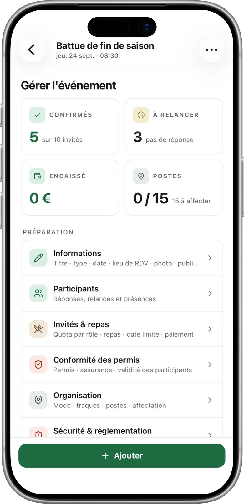 Application Mes Chasses : écran de gestion d'une battue avec les réponses, les postes et les étapes de préparation